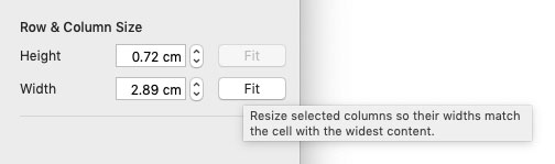 Cursor hovered over 'Fit' button in Numbers, displaying tooltip that says 'Resize selected columns so their widths match the cell with the widest content'