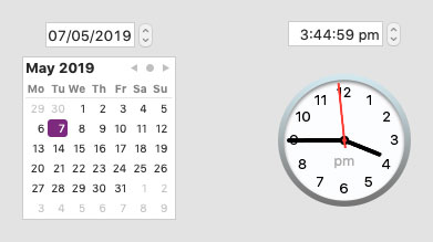 a graphical date picker showing the date the 7th of May, 2019 at 3:44pm