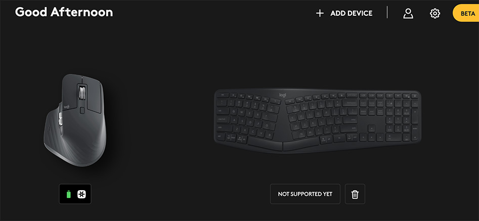 Screenshot of Logitech Options+. A K860 is pictured above the text 'Not Supported Yet'