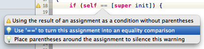 an Xcode 4 fix it for ambiguity between assignment and equality