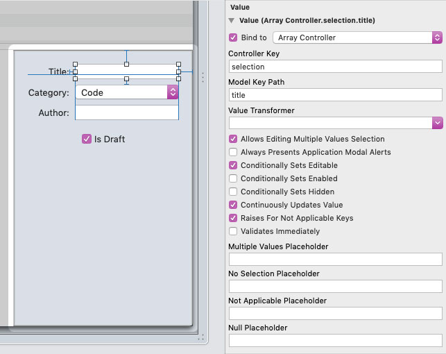 A text field selected inside Interface Builder. On the right is a bindings inspector showing that the text field's value binding is bound to the Array Controller with the Controller Key 'selection' and the Model Key Path 'title'