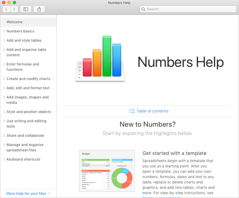The help viewer window showing Numbers Help