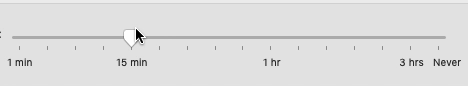 animation showing the 'turn display off after' slider in the system Energy Saver preferences being moved between the 15 minutes and 1 hour marks, showing how the slider sticks to the tickmarks