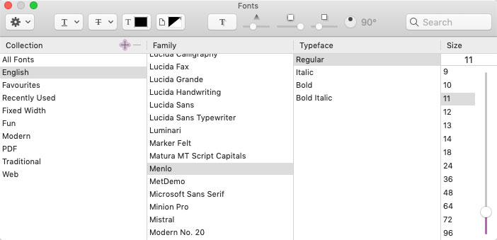 standard mac font panel