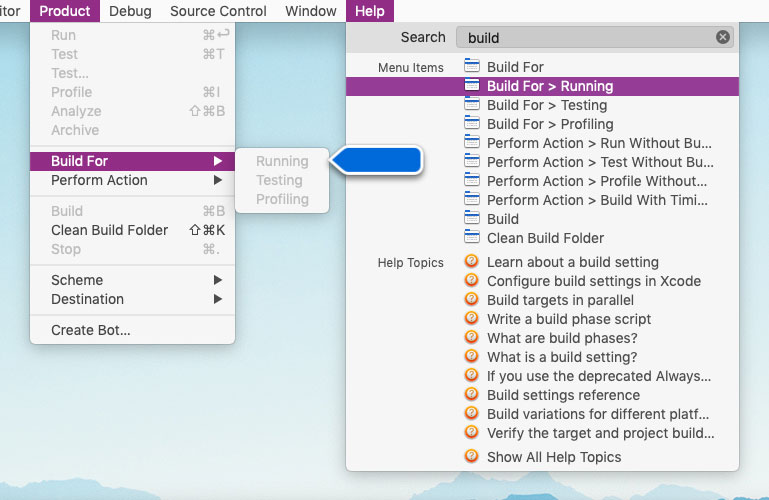 Xcode's menu bar with the help menu open. The search field in the menu contains the word 'build'. The 'Build for > Running' item is highlighted in the menu, and the location of the referenced menu item is shown with a blue arrow pointing at it