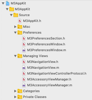 an Xcode file navigator showing the file hierarchy of the project in an outline view