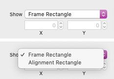 A pop up button with the value 'Frame Rectangle'. Below is the same pop up button but clicked, showing a menu with the options 'Frame Rectangle' and 'Alignment Rectangle'