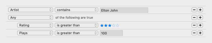iTunes' Smart playlist rule editor with the rules for songs by the artist Elton John that have a rating greater than 3 stars or have more than 100 plays
