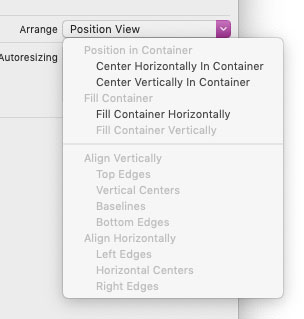 A clicked pull down menu showing various options for arranging a view inside Xcode