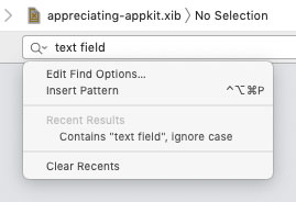 Xcode's find text field with the accessory menu clicked showing options for customising the search and a list of recent search results