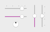 A circular slider, 2 horizontal sliders (one with tick marks, one without), and 2 vertical sliders (one with tick marks, one without)