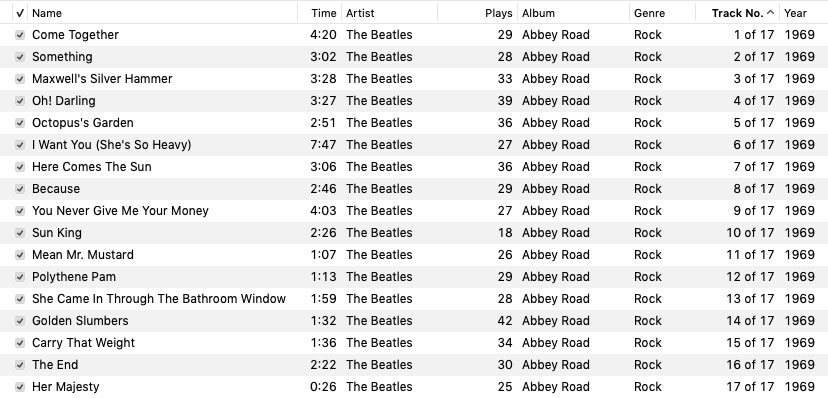 an iTunes table view showing the track listing for the  album 'Abbey Road' by The Beatles