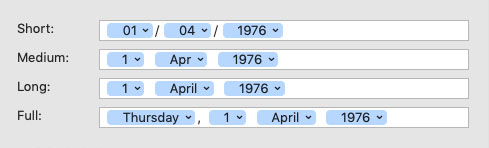 A set of 4 token fields from System Preference's Advanced Language and Region setting allowing the customisation of date formats