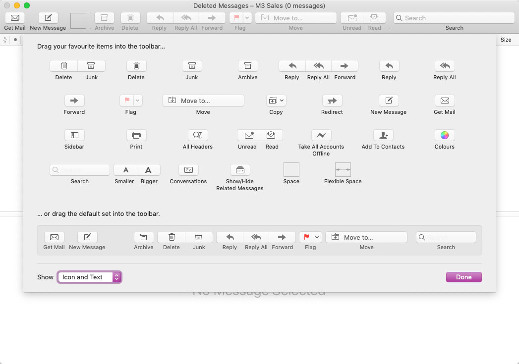 Mail.app's toolbar customisation sheet