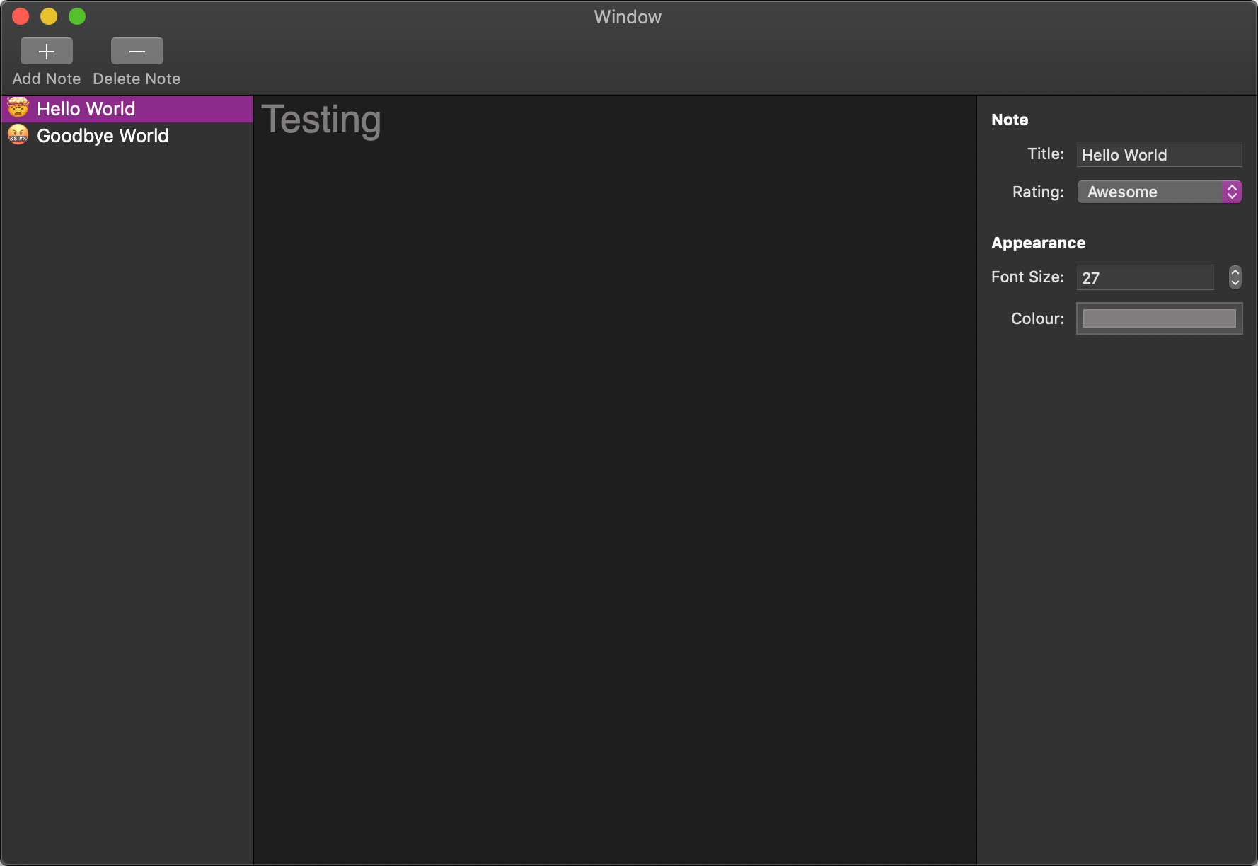 The mac version of the example note-taking app, with a list of notes on the left of the window showing 2 notes, a text area in the middle showing note content, and an inspector on the right of the window with a text field for the note title, a popup button for selecting the rating, a text field and stepper control for changing the font size, and a colour well for selecting the text colour.