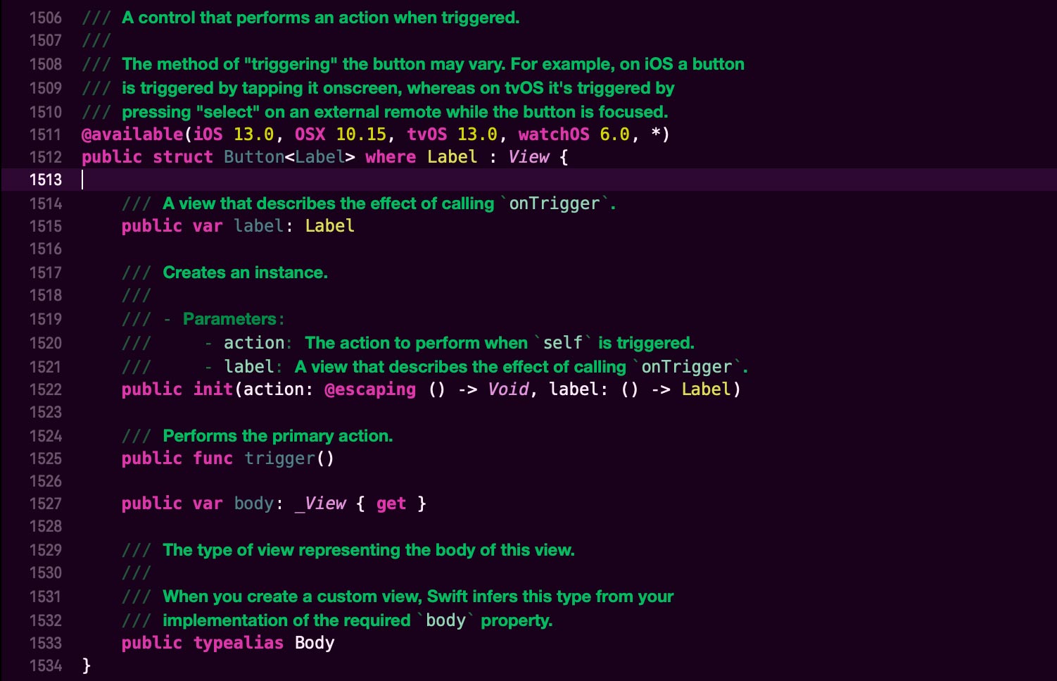 The header for SwiftUI's Button, showing just an init method, body and label properties, and a trigger function, but not any of the many ways to customise the button through modifiers