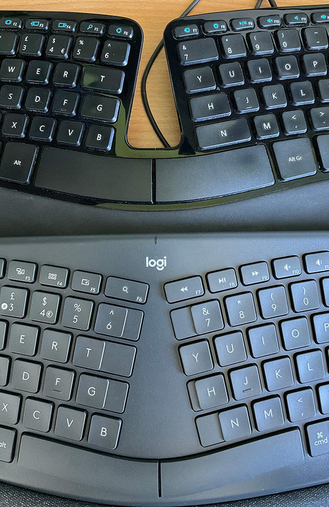 MS Sculpt on a desk above a K860 showing difference in key angles