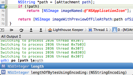 Xcode debugger with autocompletion menu showing