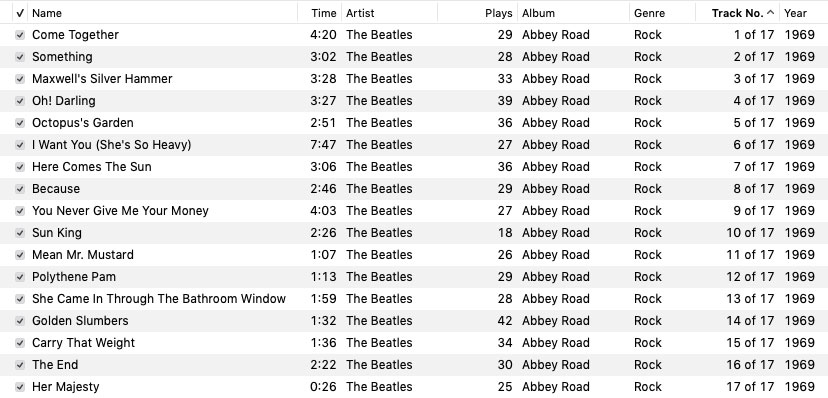 an iTunes table view showing the track listing for the album 'Abbey Road' by The Beatles